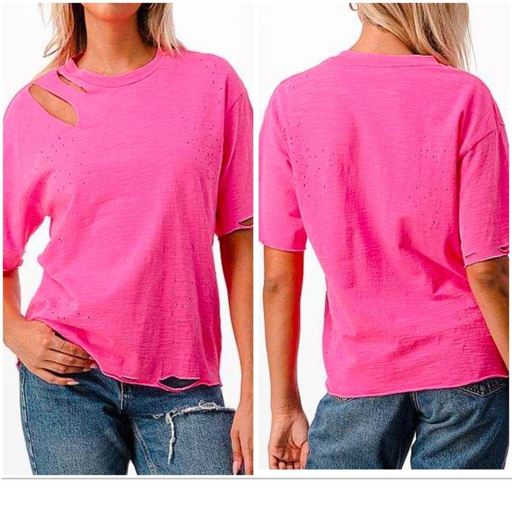 Dance and Marvel neon pink destructed slub knit short sleeve t-shirt